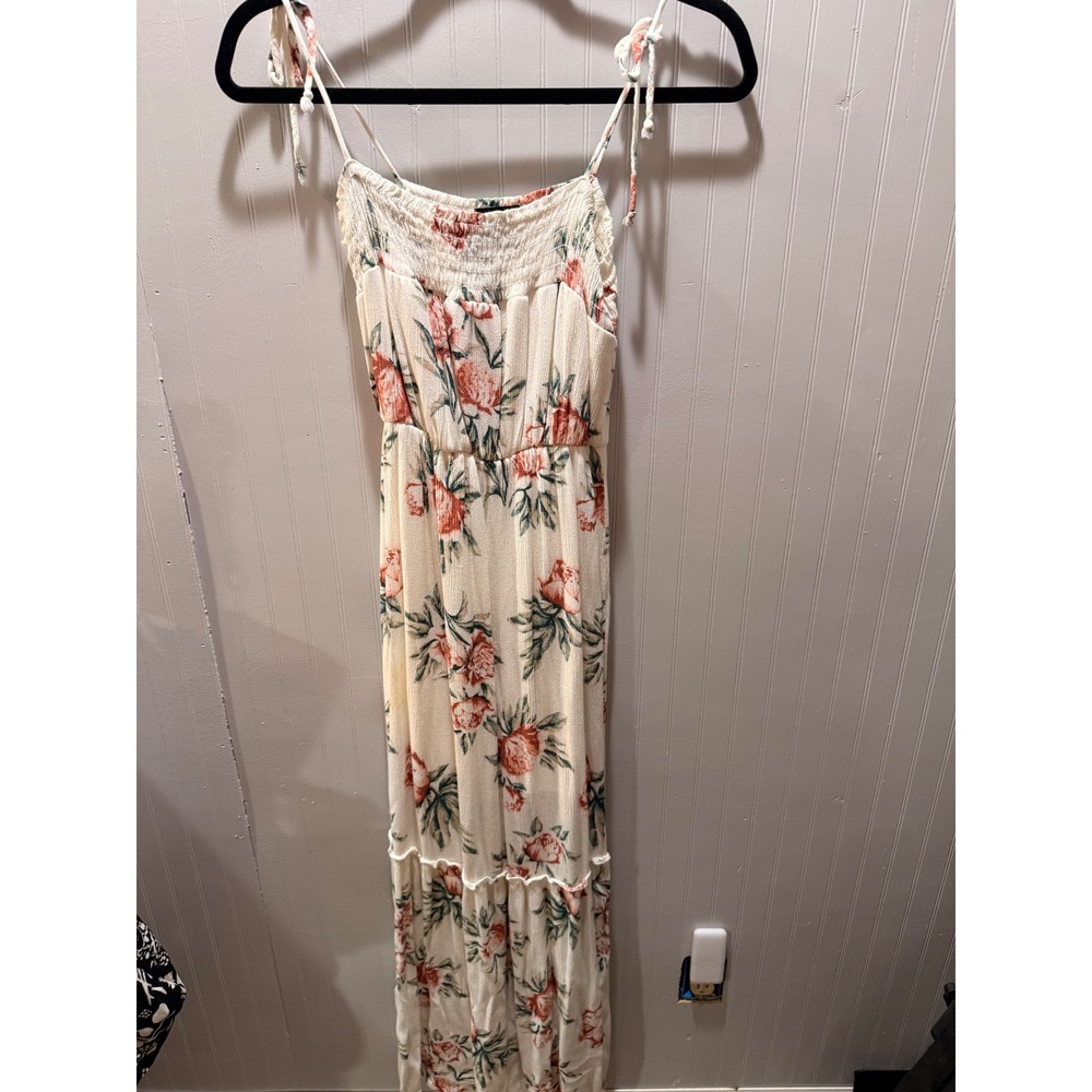 Dee Elly Floral Smocked Maxi Dress Cream Orange Boho Tie Strap Tiered Sun Dress